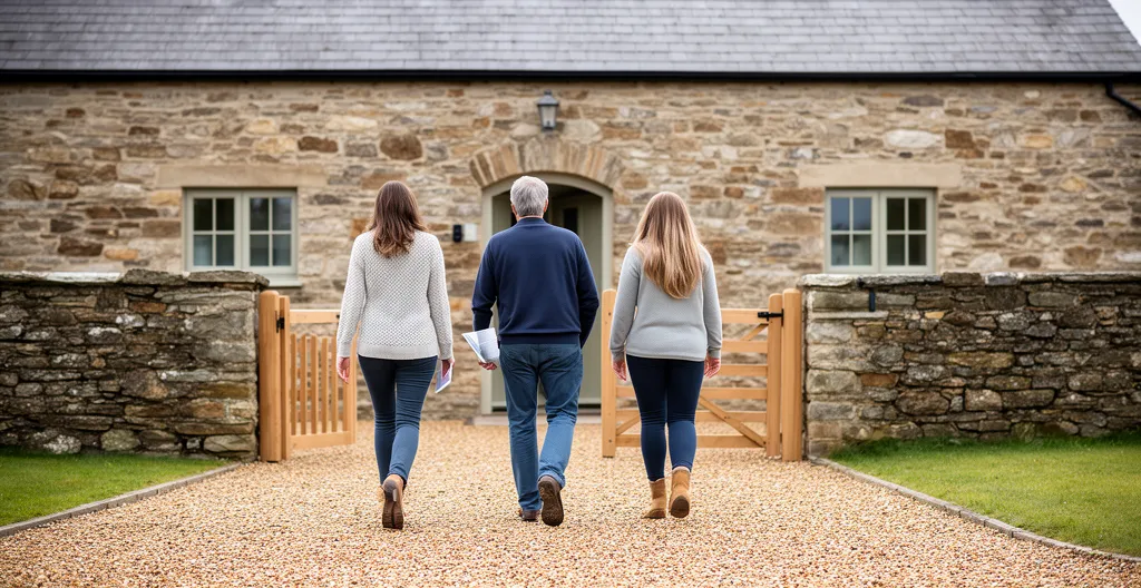 Rear view of couple and property consultant walking toward stone farmhouse entrance