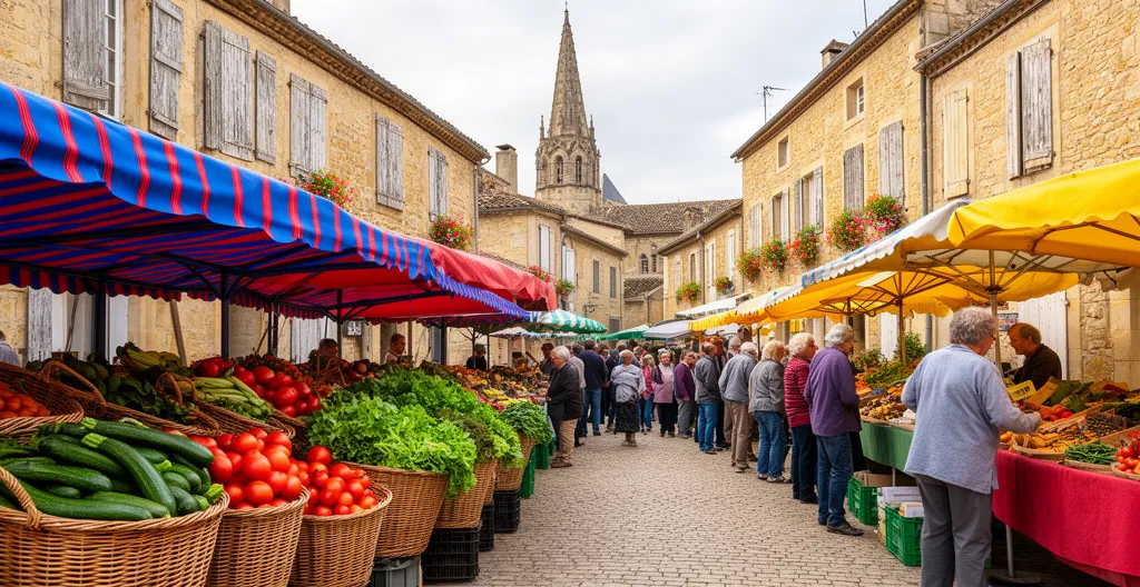 Traditional French village market with produce stalls and stone buildings in background