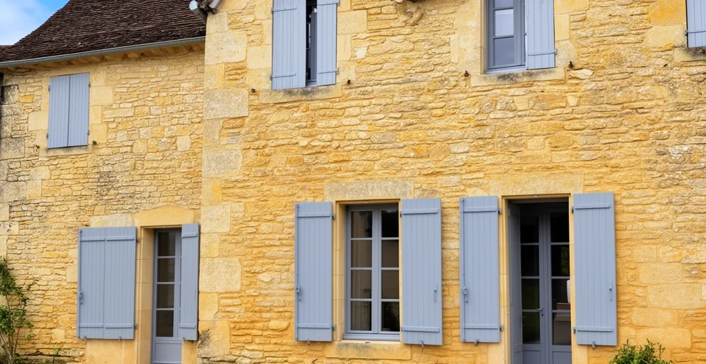 Exterior view of renovated stone farmhouse with blue-grey shutters and garden terrace