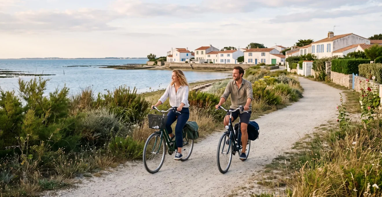 Two cyclists riding along a coastal cycle path on Île de Ré.