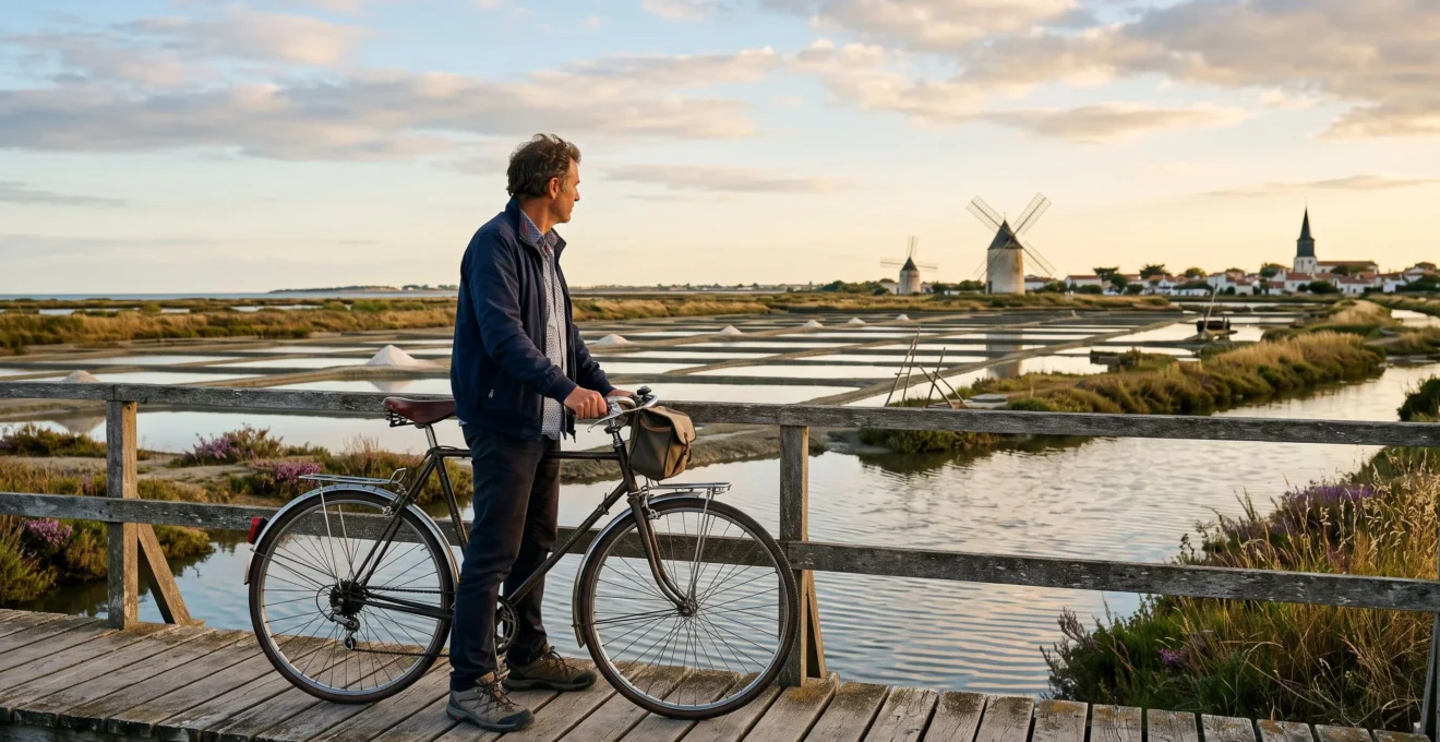 A man pauses with his bicycle on a dyke above the salt marshes.