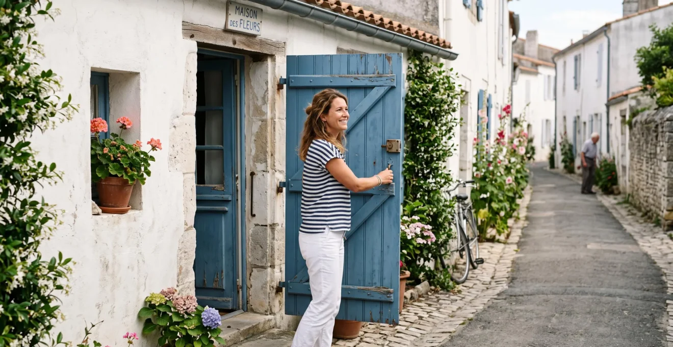 A woman opening shutters at a rental house in a village on Île de Ré.